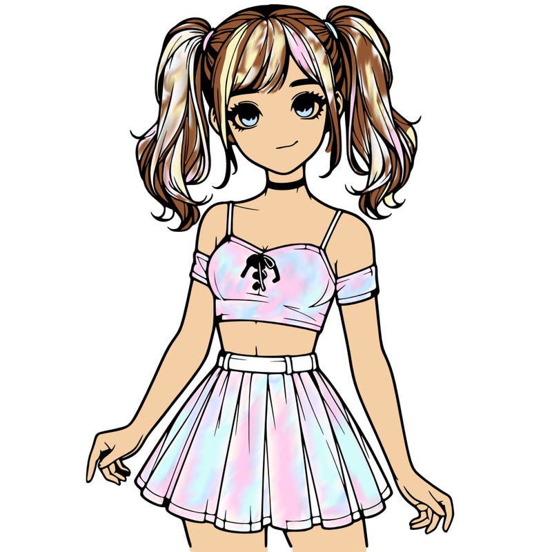 realistic girl in a skirt crop top and pigtails