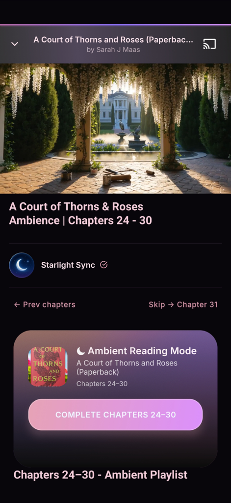 Ambient Books: Video Novels - Interface of the Ambient Books app showing the reading mode for A Court of Thorns and Roses with an atmospheric video of a blooming garden courtyard