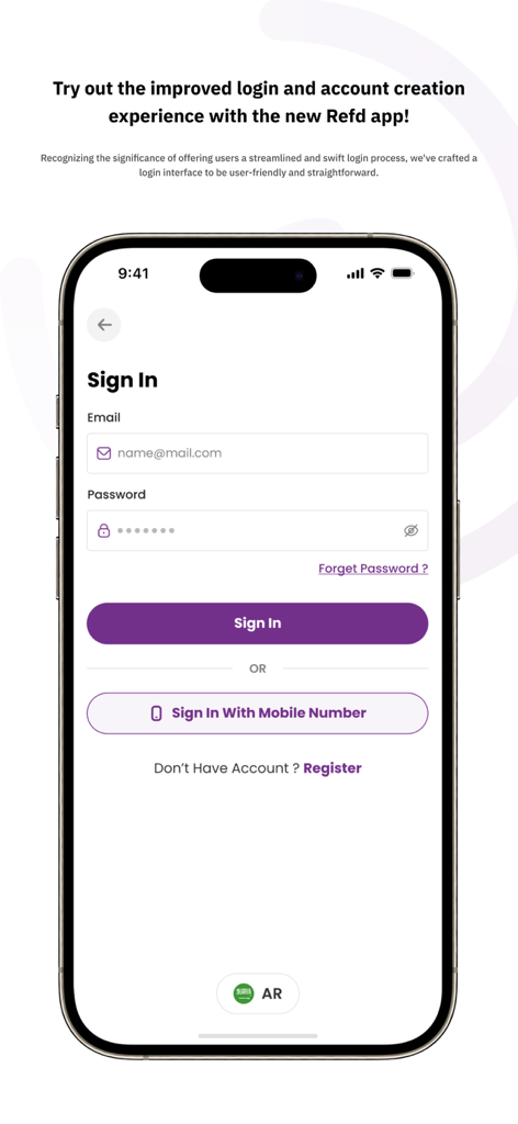 Refd | رفد - Sign in interface of the Refd healthcare app showing email and mobile login options