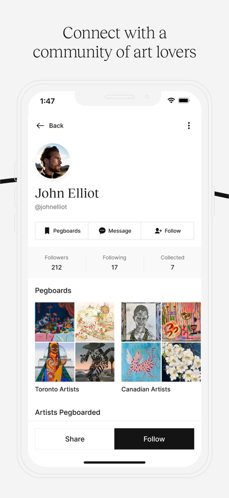 Peggy - Buy and Sell Art - Peggy app user profile displaying curated art pegboards and collector statistics