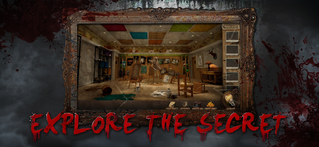 Escape Room:Can you escape? - A mysterious art studio puzzle scene in the Escape Room mobile game with Explore the Secret text.