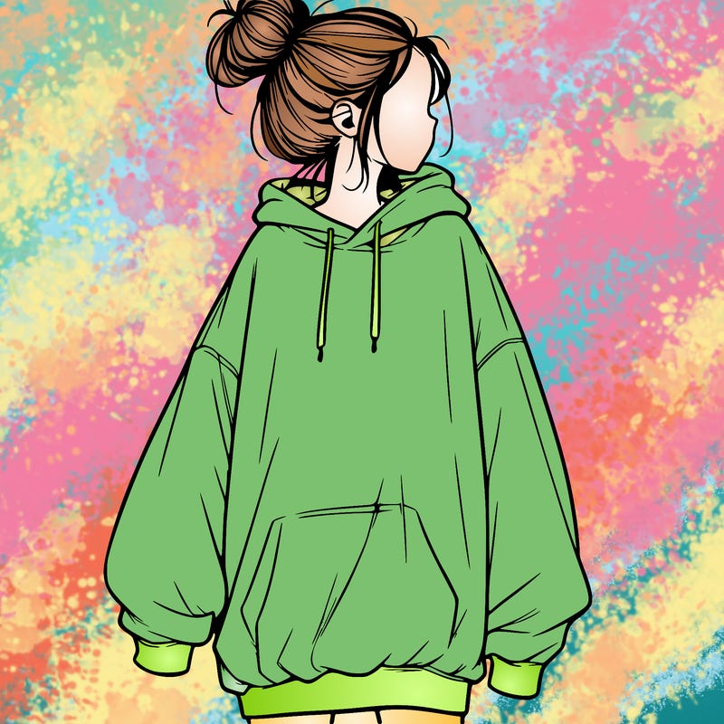 realistic girl with a oversized sweatshirt on and a bun