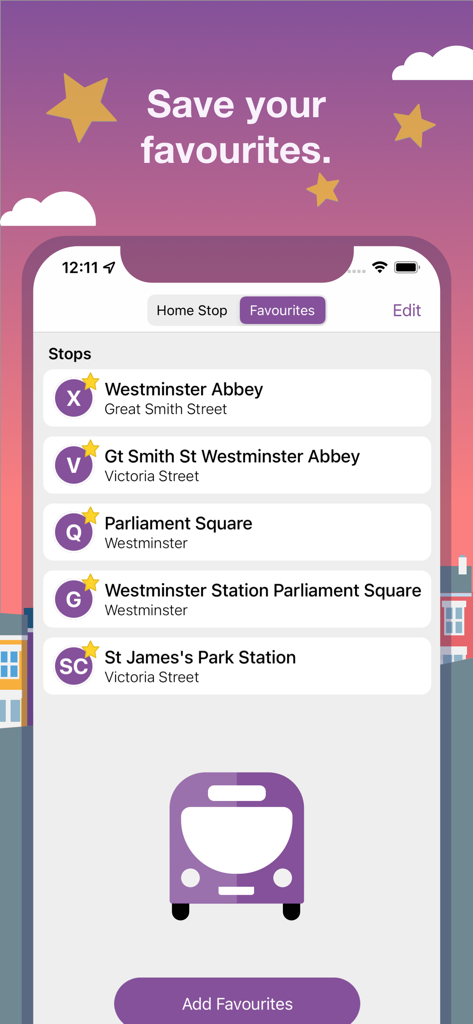 Bus Times UK Live checker app - Pantalla de smartphone que muestra la aplicación Bus Times UK con una lista de paradas de autobús favoritas guardadas en Londres como la Abadía de Westminster y Parliament Square.