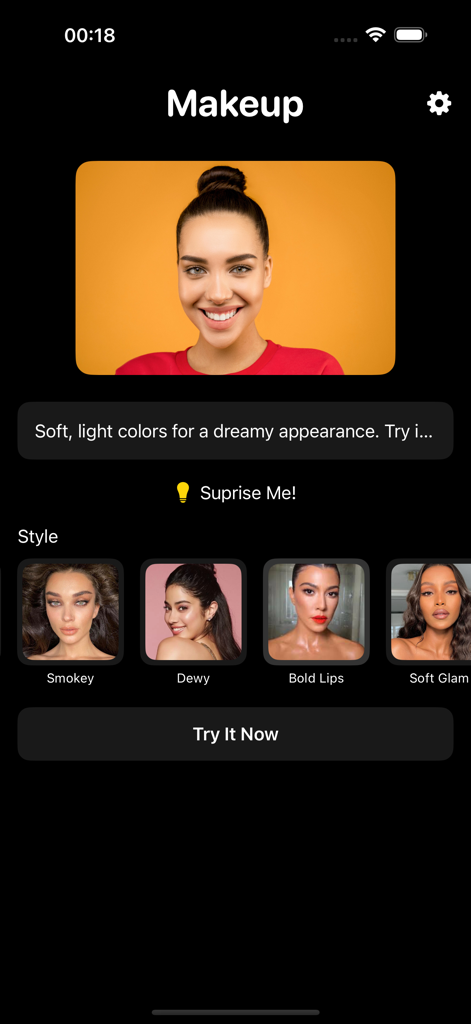 Oberfläche der Make-up KI App mit verschiedenen Make-up-Stiloptionen wie Smokey Dewy und Bold Lips