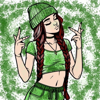 realistic teenage girl with braids and a beanie and crop top doing 🫶🏼