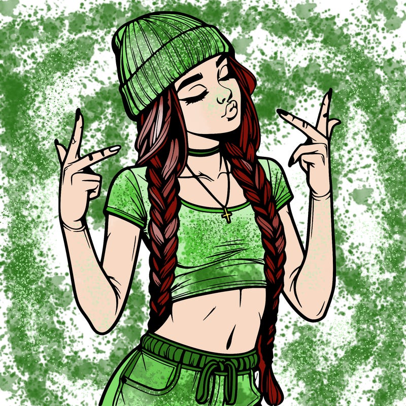 realistic teenage girl with braids and a beanie and crop top doing 🫶🏼