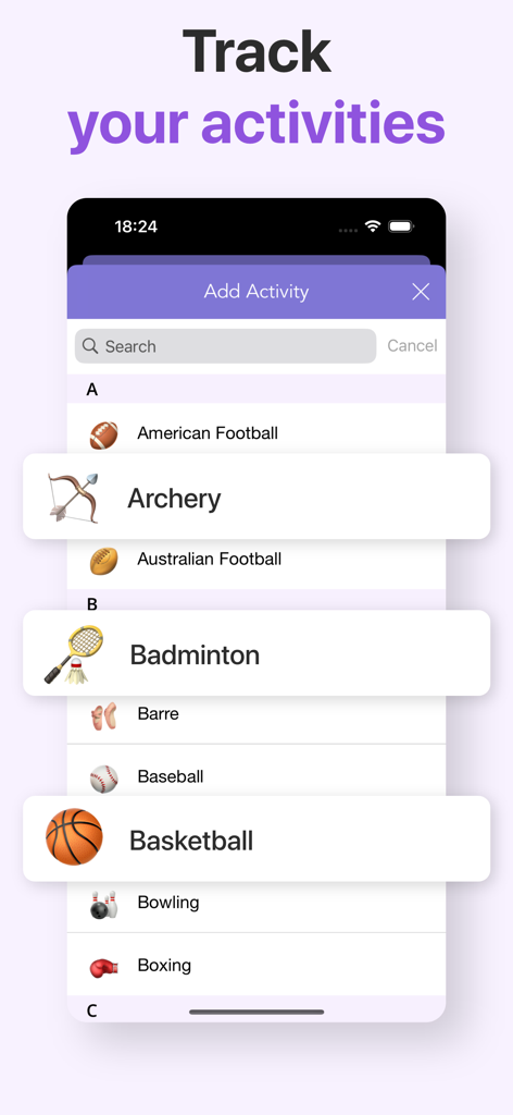Intermittent Fasting - Fastik - Pantalla de seguimiento de actividades de la aplicación Fastik con una lista de deportes que incluyen tiro con arco, bádminton y baloncesto