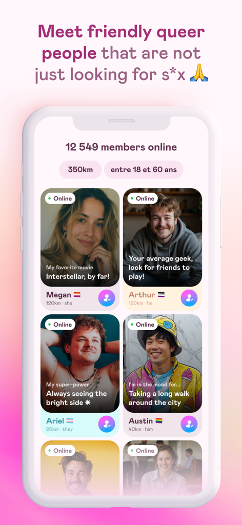 Écran mobile montrant divers profils LGBTQ sur l'application de réseau social Vibes.
