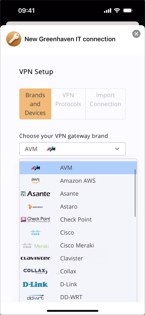 Setup screen in VPN Tracker app showing a list of supported VPN gateway brands like Cisco, Amazon AWS, and Meraki.
