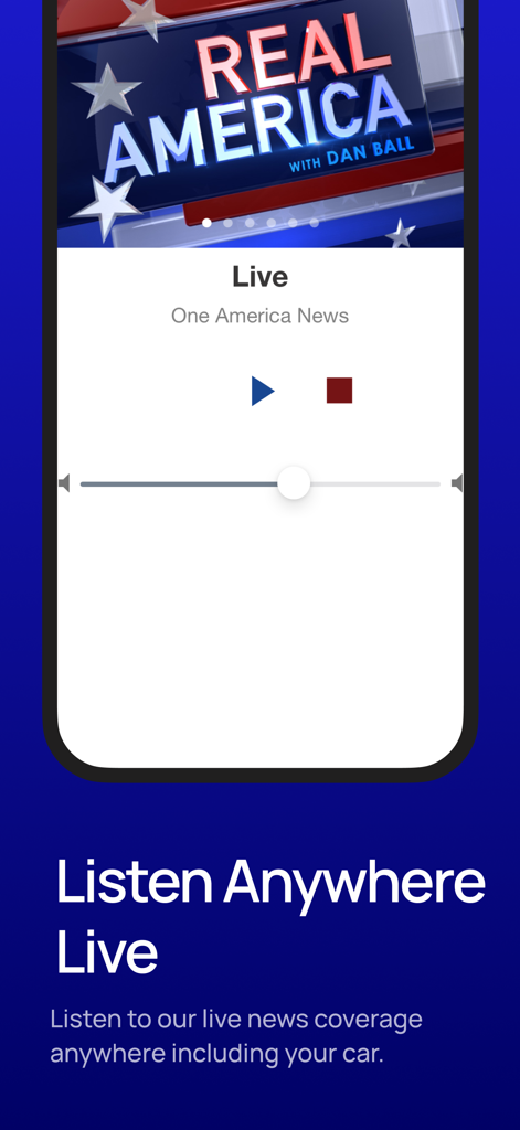 OANN mobile app interface showing the live audio player for the show Real America with Dan Ball