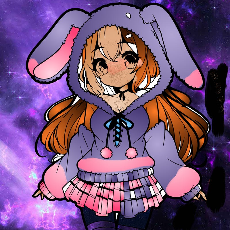 pretty anime girl wearing a fluffy hoodie with bunny ears on the hood and a skirt