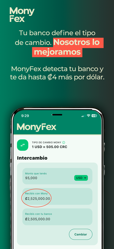 MonyFex - Monyfex-App-Bildschirm, der USD zu Colón-Wechselkurse vergleicht und höhere Erträge als traditionelle Banken zeigt.