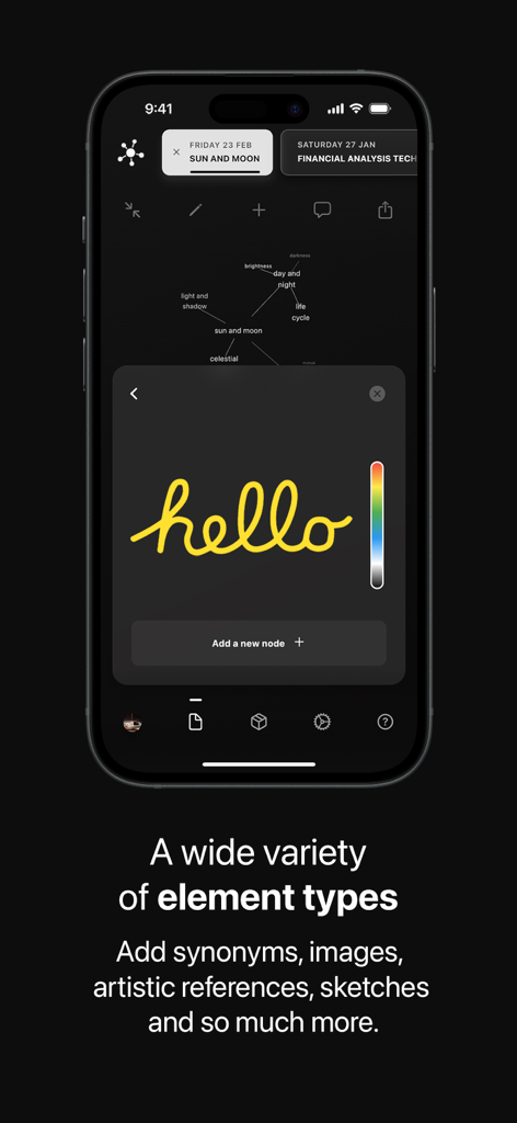 背景にテーマ別マインドマップと手描きのスケッチノードが表示された、Brainstormingアプリを示すスマートフォンの画面。