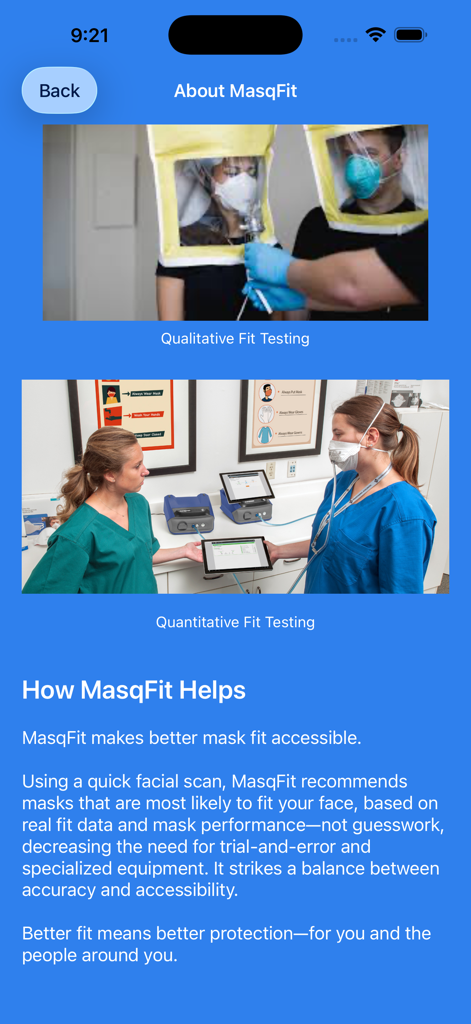 MasqFit - MasqFit 앱 화면, 전통적인 마스크 착용 테스트 방법 및 앱에서 디지털 대안 제공 설명