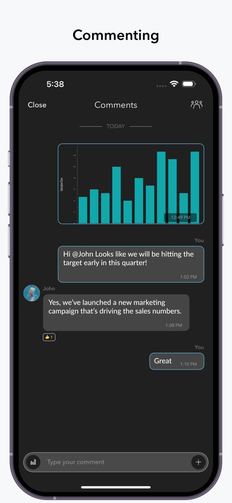 Zoho Analytics - Mobile BI App - In-app collaborative chat interface for discussing data visualizations within Zoho Analytics