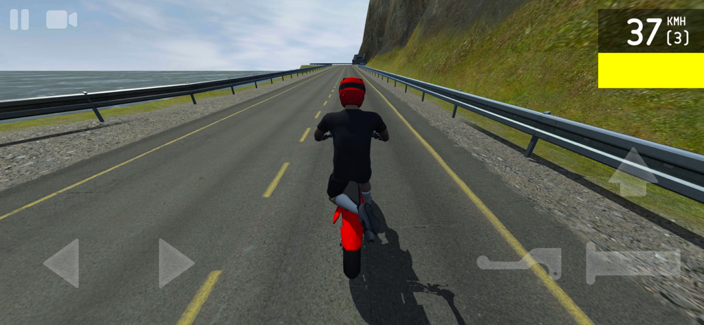 A player riding a red motorcycle on a coastal highway in the Wheelie Life 2 game