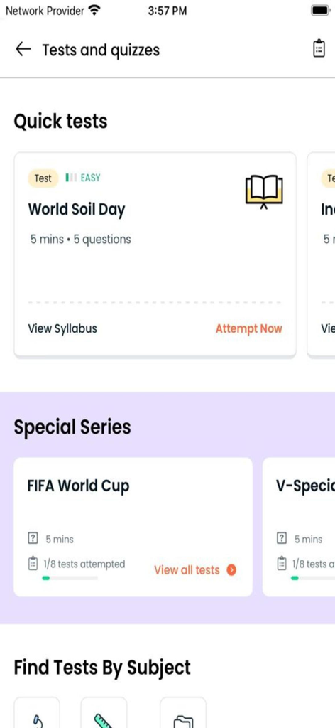 Vedantu Learning App - Vedantu Learning App screen displaying quick tests and special quiz series.