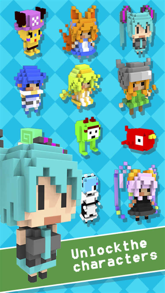 Collection of unlockable 3D voxel characters in the Jump and walk mobile game
