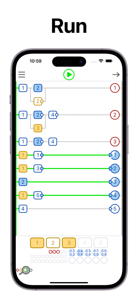 LadderTouch - 実行中のPLCラダーロジックシミュレーションを示すLadderTouchアプリのスクリーンショット