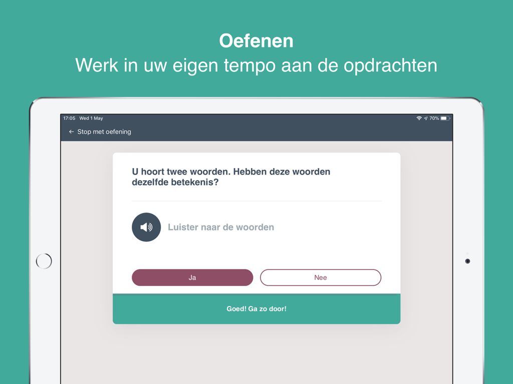 Schermata dell'iPad che mostra un esercizio di comprensione dell'ascolto olandese per la terapia dell'afasia.