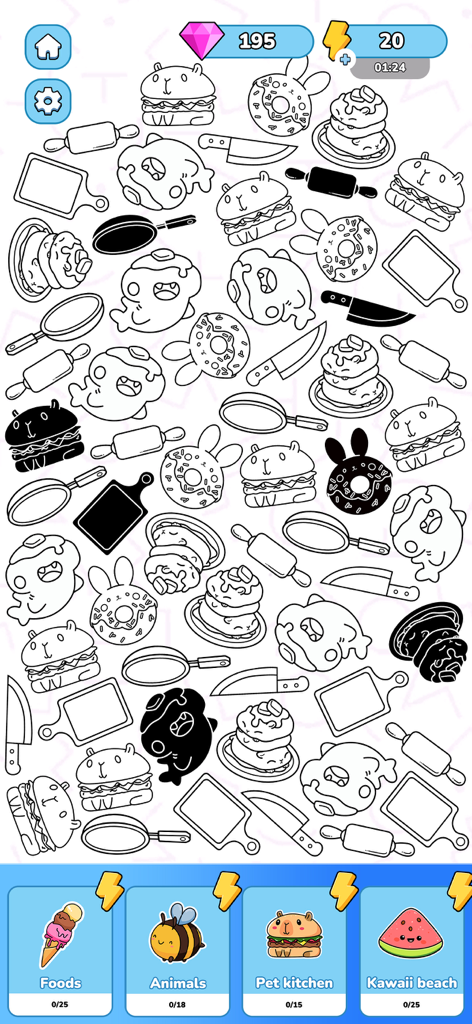 Merge Sticker Playbook 2D - Gameplay screen of Merge Sticker Playbook 2D showing a collection of food themed stickers and item categories.