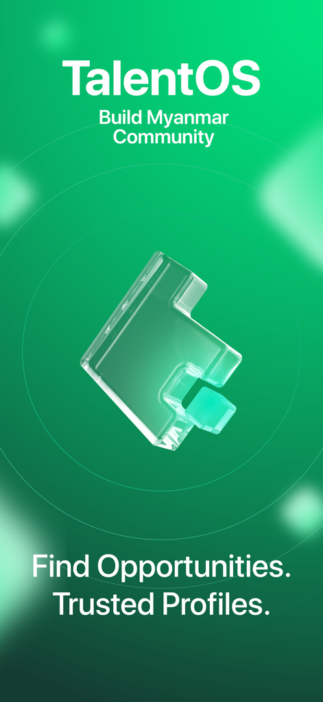 TalentOS: Build Real Skills - TalentOS app landing screen with the text Build Myanmar Community and Find Opportunities