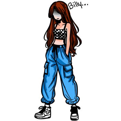 girl in baggy pants crop top and long hair