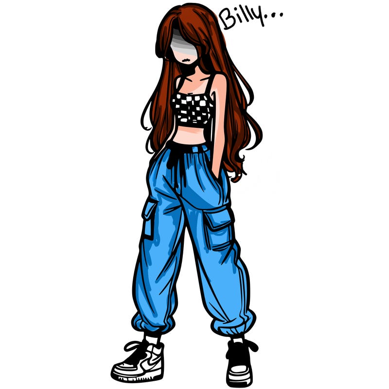 girl in baggy pants crop top and long hair