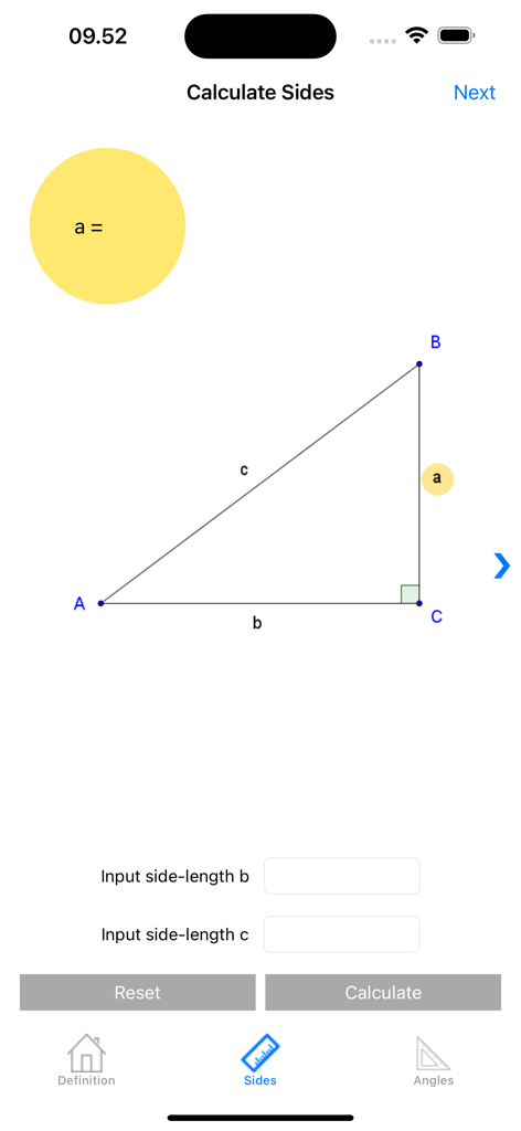 Trigonometry calculator app interface for calculating right triangle side lengths