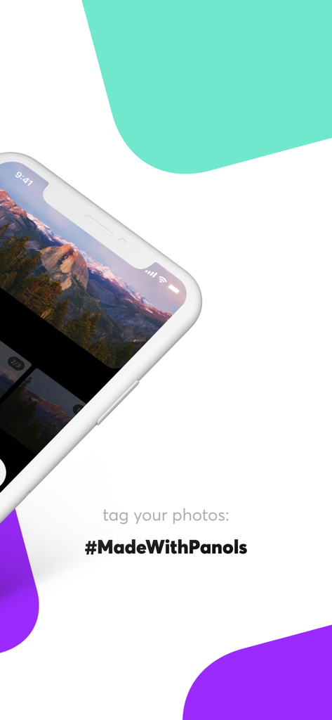 Panols - Promotional screen for Panols app featuring a mountain landscape on an iPhone and the hashtag MadeWithPanols.