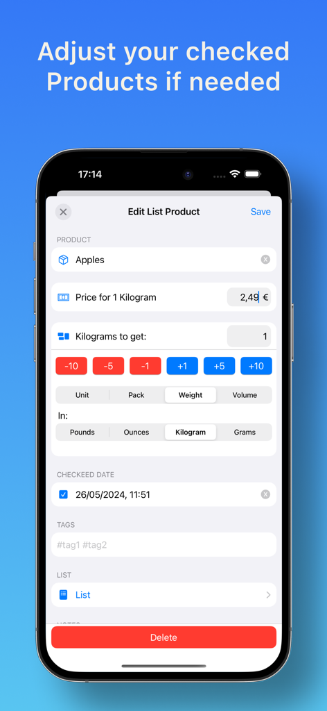 Groceries Tracker app - A mobile screen for editing grocery product details like price weight and quantity