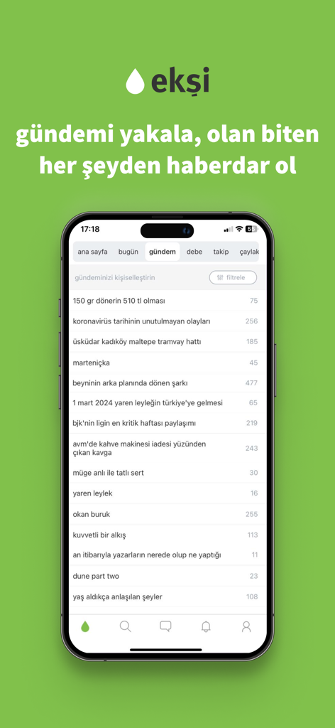ekşi - Pantalla de iPhone que muestra la lista de temas de tendencia en la aplicación móvil Eksi Sozluk sobre un fondo verde