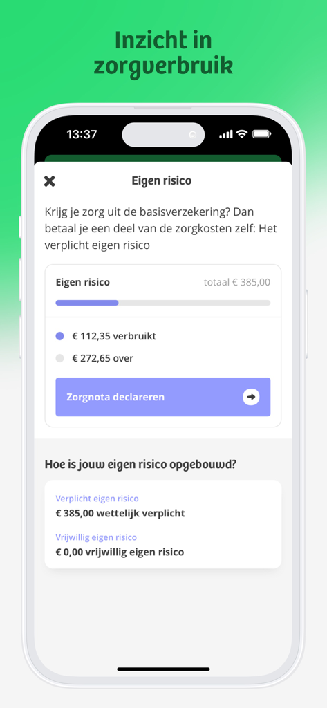 Unive app dashboard displaying health insurance deductible balance and a claim submission button