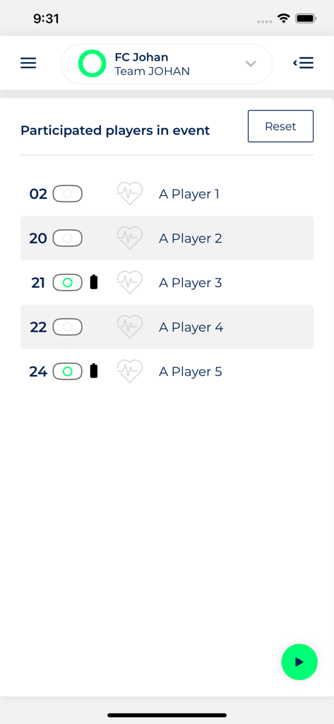 Interface showing a list of players participating in a sports event in the JOHAN Live Tracking app