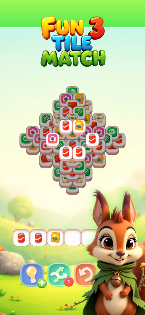 Fun 3 Tile Match offline game - Gameplay of Fun 3 Tile Match showing a diamond-shaped puzzle of colorful icon tiles and a cute squirrel character