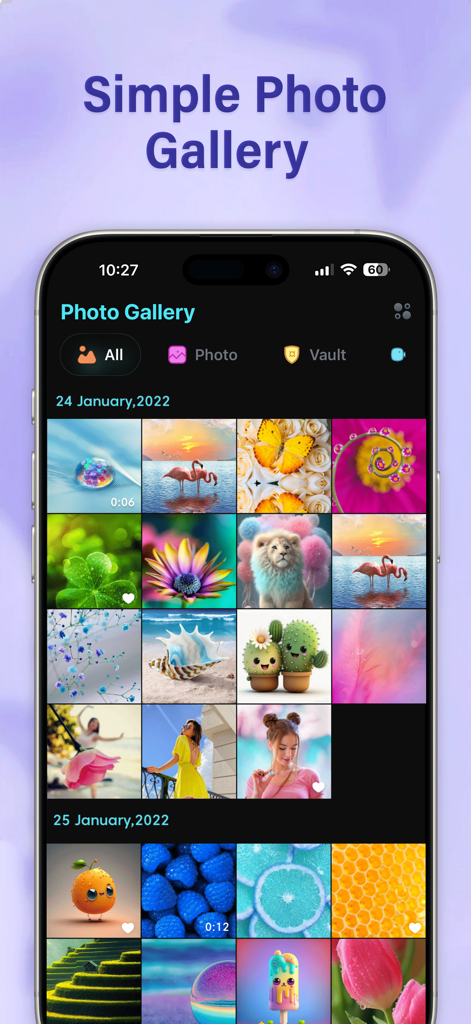 Gallery Vault - Hide Photos - Screenshot of the Gallery Vault app displaying an organized grid of photos and videos