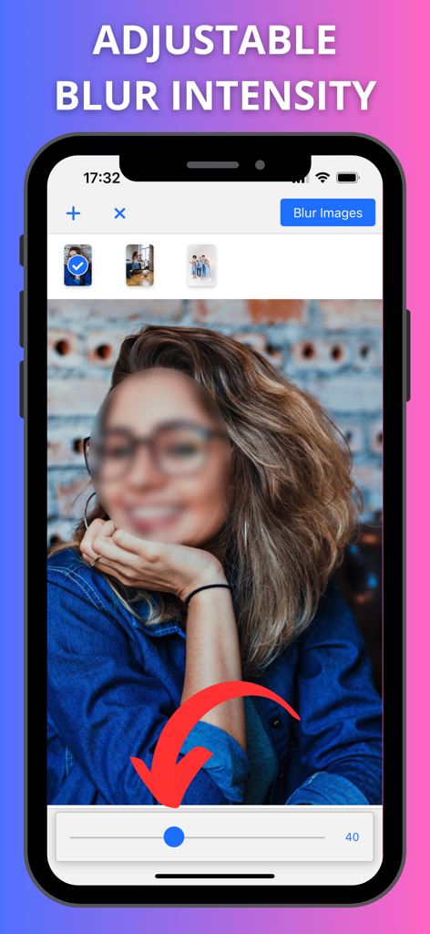 Blur Face On Photo - Screenshot of Blur Face On Photo app showing a woman with a blurred face and a slider for adjusting blur intensity