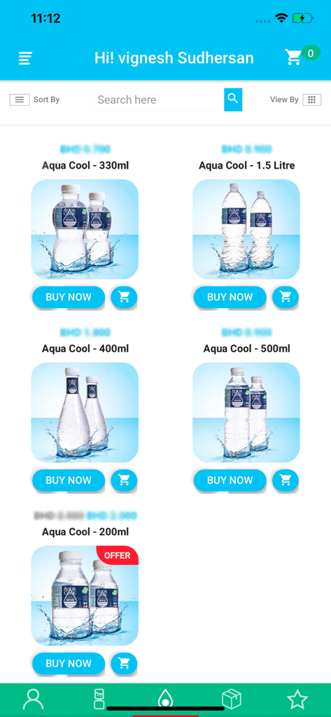 Aqua Cool - Interfaz de la aplicación Aqua Cool que muestra diferentes tamaños de agua embotellada disponibles para la compra