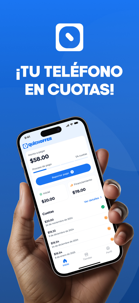 QuickOffer | Paga Después - Una pantalla de smartphone que muestra la interfaz de la aplicación QuickOffer con un calendario de pagos para un teléfono en español