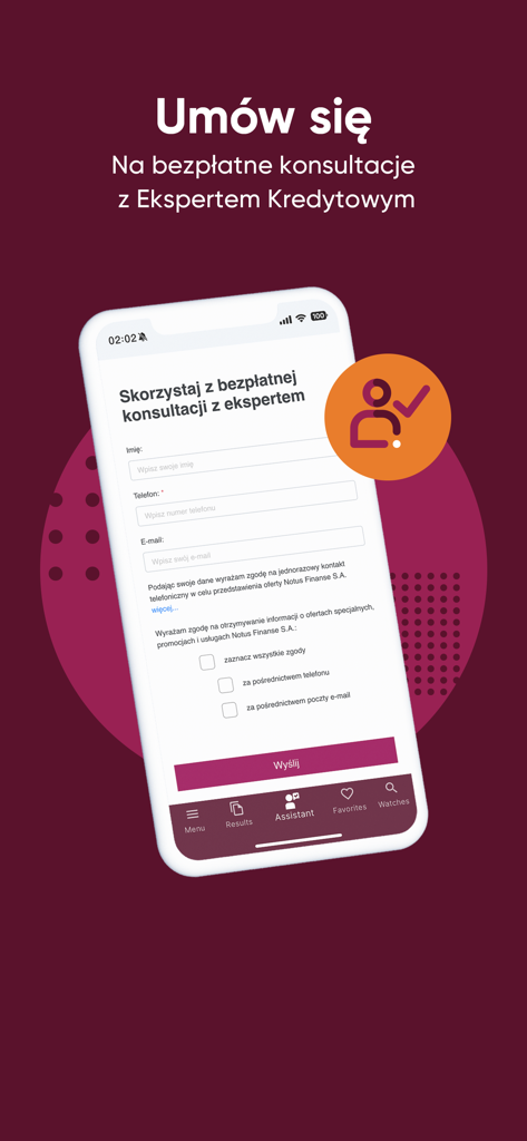 Écran de l'application mobile montrant un formulaire de contact pour réserver une consultation gratuite avec un expert hypothécaire