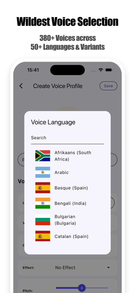 aiReader: AI Text to Speech - Interface showing 380 voices across 50 languages and variants in the aiReader app