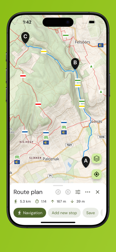 Detailed hiking route plan on a topographic map of Hungary showing distance and elevation.