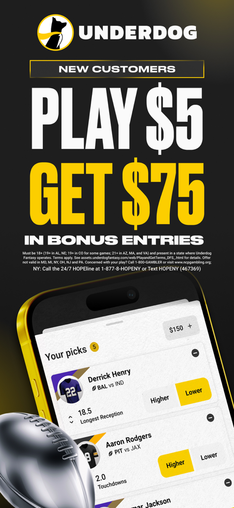 Underdog Sports app promotional offer for new customers with 75 dollars in bonus entries and player pick projections.