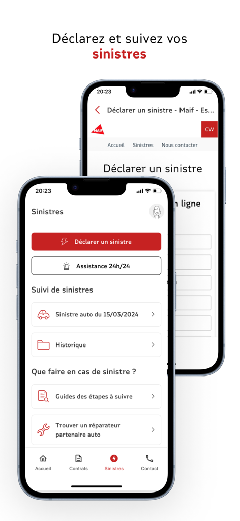 MAIF - Assurances auto, maison - Schermate dell'app MAIF che mostrano le opzioni per segnalare e monitorare i sinistri assicurativi