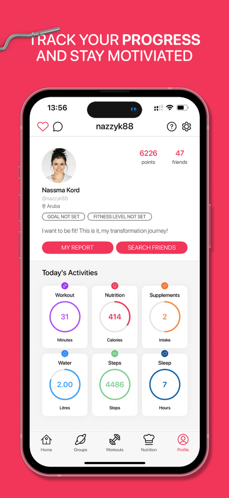GymNadz mobile app screen showing daily activity tracking for workout minutes, calories, and steps.
