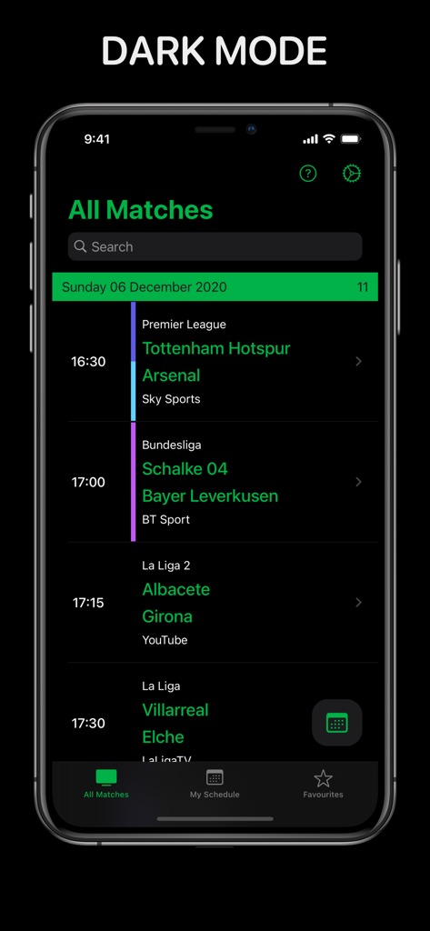 Live Football On TV - Live Football On TV app interface in dark mode showing match schedule