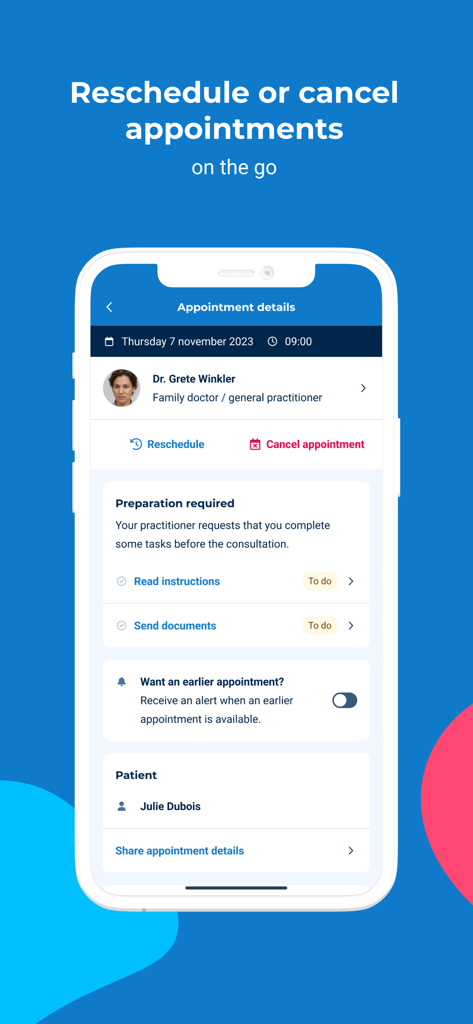 Interfaccia dell'app mobile Doctolib per riprogrammare o annullare appuntamenti medici