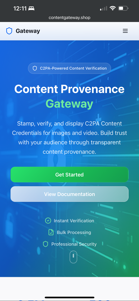 C2PA Content Gateway - Página de inicio de la aplicación C2PA Content Gateway que presenta herramientas para la procedencia y verificación de contenido digital