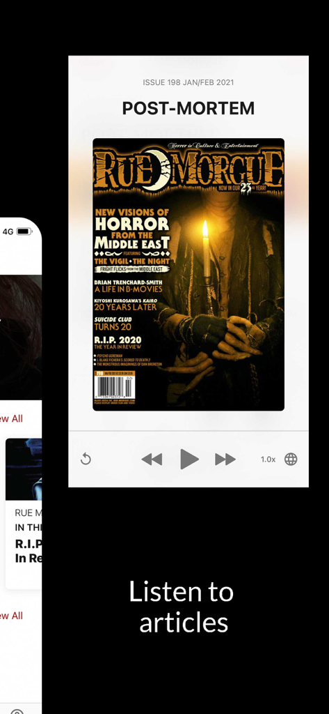 Écran de l'application Rue Morgue présentant un lecteur audio pour écouter les articles du magazine d'horreur