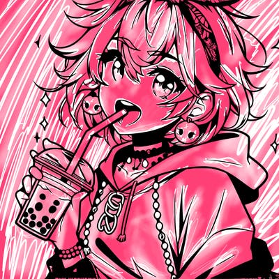 hot baddie anime girl drinking boba and biting the straw